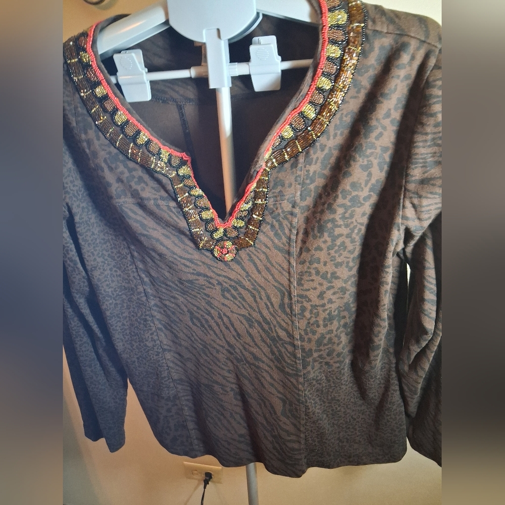 Chico's Animal Print Top with Beaded Neckline